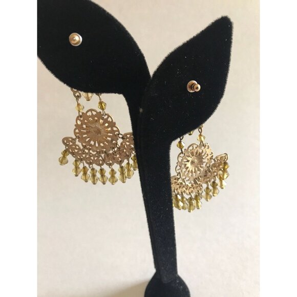 Vintage Gold Tone Filigree Pierced Wire Chandelier Dangle Earrings Chartreuses - Picture 3 of 10